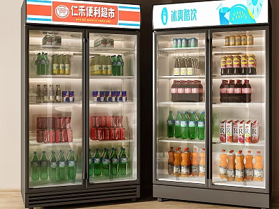 Convenience Store Glass Door Display Freezers Stocked With Assorted Beverages 3d model