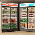 Convenience Store Glass Door Display Freezers Stocked With Assorted Beverages