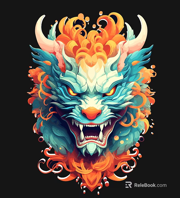 Game Movie Dragon Head Character with Orange Blue Mane Yellow Eyes Sharp Fangs 3d model 