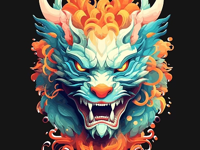Game Movie Dragon Head Character with Orange Blue Mane Yellow Eyes Sharp Fangs 3d model