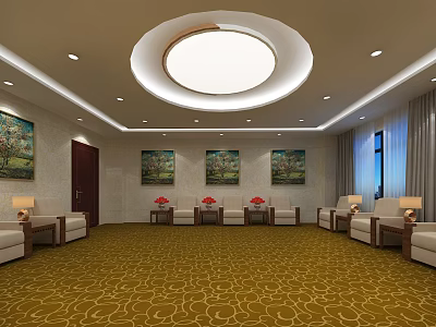 Elegant Hotel Public Lounge Area With Sofas Armchairs Wall Paintings And Circular Ceiling Light 3d model