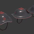 Three Vintage Metal Helmets With Red Top Accents Red Edge Trim And Brown Leather Straps
