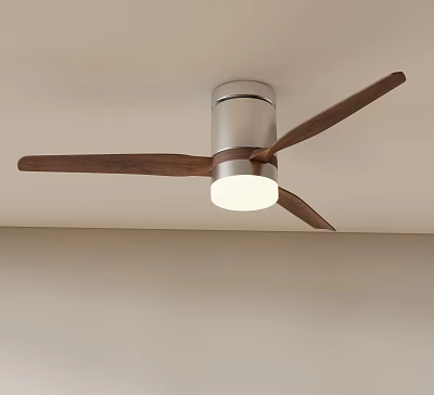 Stylish Ceiling Fan Light Fixture With Metal Body Wooden Blades And Round White Light 3d model
