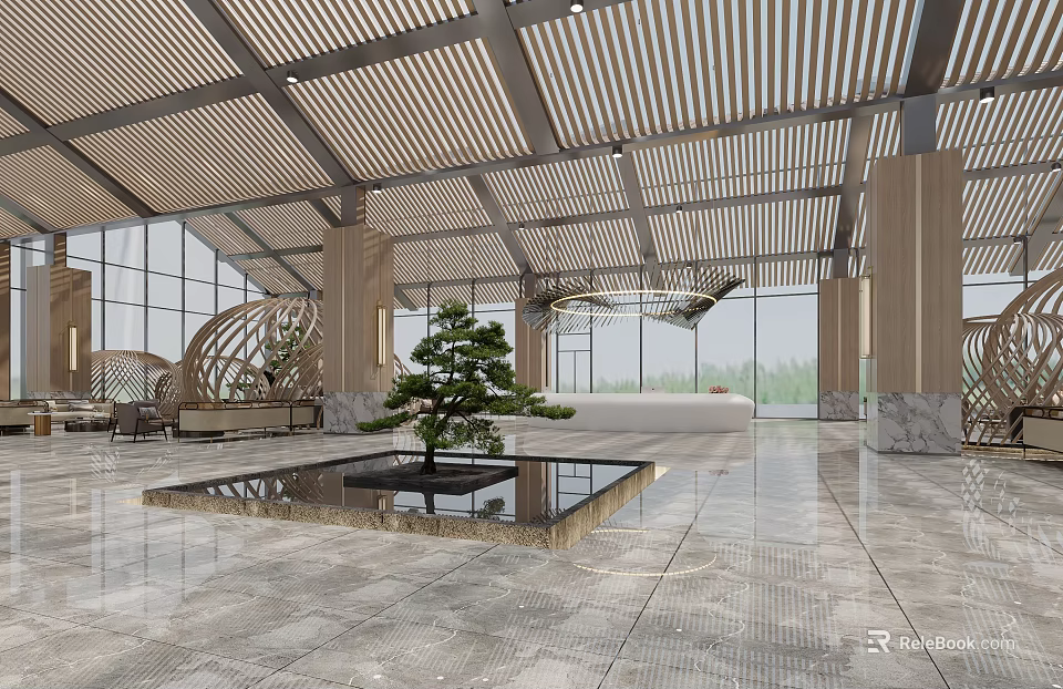 Front Desk Reception Area With Modern Wooden Ceiling Large Windows Marble Floor Water Feature And Small Tree 3d model 