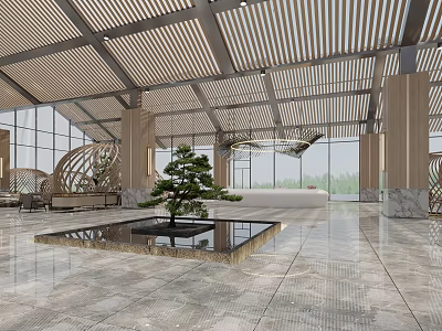 Front Desk Reception Area With Modern Wooden Ceiling Large Windows Marble Floor Water Feature And Small Tree 3d model