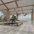 Front Desk Reception Area With Modern Wooden Ceiling Large Windows Marble Floor Water Feature And Small Tree