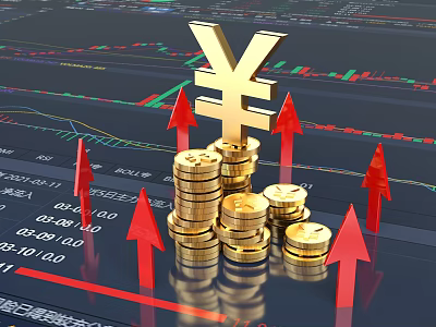 Gold Coin Jewelry Featuring Yen Symbol And Upward Arrows On Financial Trend Chart 3d model