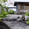 Traditional Karesansui Japanese Garden with Stones Moss Pathway Maple Trees and Wooden Pavilion