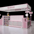 Pink And White Striped Candy Booth With Cartoon Dolls And Display Shelves