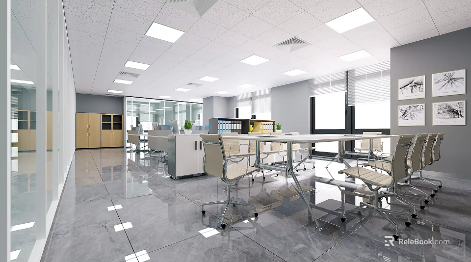 Modern Public Office Space With Bright Lighting Large Windows Ergonomic Chairs And Green Plants 3d model 