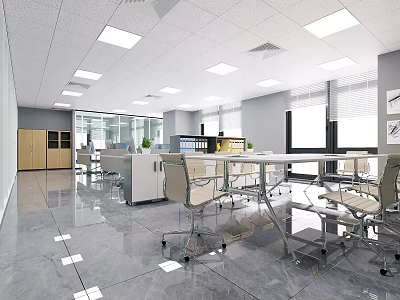 Modern Public Office Space With Bright Lighting Large Windows Ergonomic Chairs And Green Plants 3d model