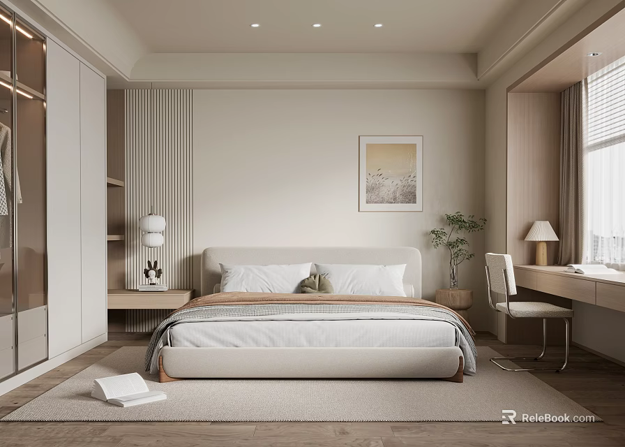 Modern Bedroom Interior With Bed Pillows Desk Lamp Chair Artwork Plant And Wall Paneling 3d model 