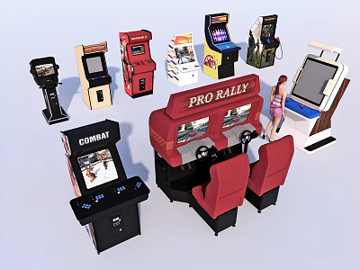 Colorful Arcade Amusement Equipment Featuring Pro Rally Racing And Combat Game Machines 3d model