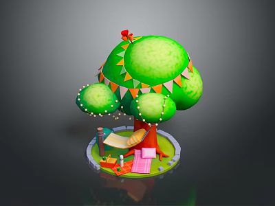 Decorative Small Tree Scene With Green Foliage Red Top Colorful Bunting Hammock And Pink Mat 3d model