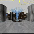Modern Luxury Sales Office Lobby With Round Chandelier Elegant Columns Marble Floor And Water Feature