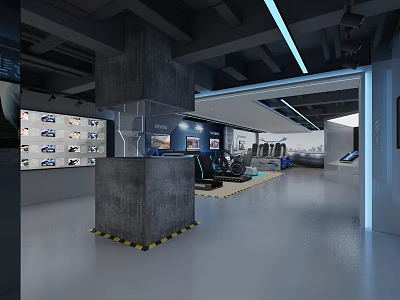 Modern Tech Style Interior Space With Concrete Pillar Display Screens And Fitness Equipment 3d model