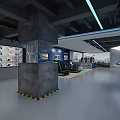 Modern Tech Style Interior Space With Concrete Pillar Display Screens And Fitness Equipment