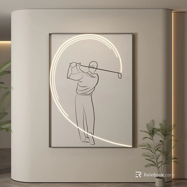 Golf Player Line Art Wall Decor With Neon Circle Light In Modern Room 3d model 