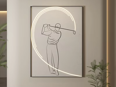 Golf Player Line Art Wall Decor With Neon Circle Light In Modern Room 3d model