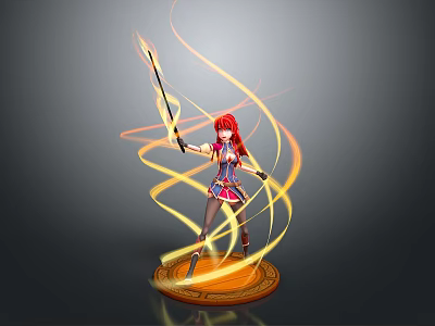Red Haired Game and Movie Character Holding Spear With Flame Effects Standing On Circular Base 3d model