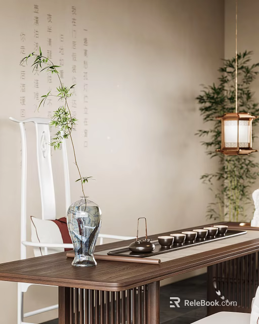 Traditional Tea Room Interior With Vase Teaset And Hanging Lantern 3d model 