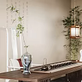 Traditional Tea Room Interior With Vase Teaset And Hanging Lantern