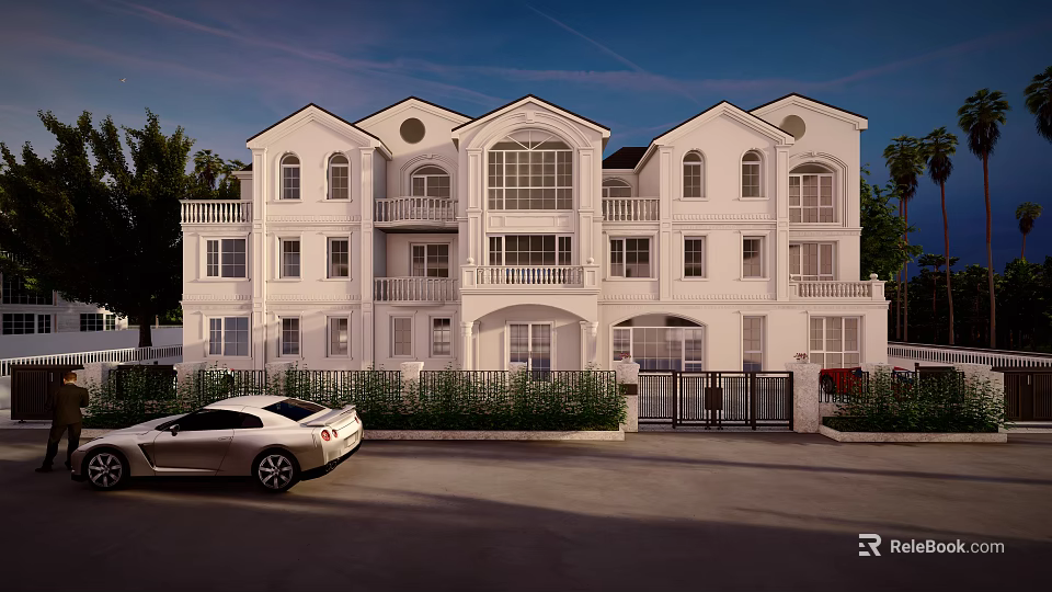 Detached Villa White Exterior With Multiple Stories Balconies Front Lawn Greenery And Sports Car 3d model 