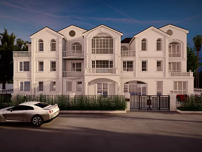 Detached Villa White Exterior With Multiple Stories Balconies Front Lawn Greenery And Sports Car 3d model