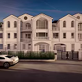 Detached Villa White Exterior With Multiple Stories Balconies Front Lawn Greenery And Sports Car