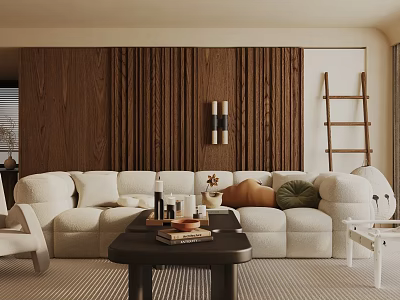 Modern Living Room Interior With White Sofa Wooden Slat Wall Coffee Table And Decorative Pillows 3d model