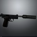 Classic Metal Pistol With Silencer And Wooden Grip Isolated On Dark Background