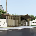 Modern Entrance Gate With Wooden Structure Stone Decoration And Green Plants Near Apartment Building