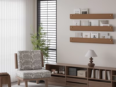 Mid-ancient Style Casual Chair Fabric Sofa Chair Mid-ancient Style Ornaments Combination Floriculture Potted Plant Green Plant Casual Chair Single-person Sofa Low Bookcase Wall-mounted Bookshelf 3d model