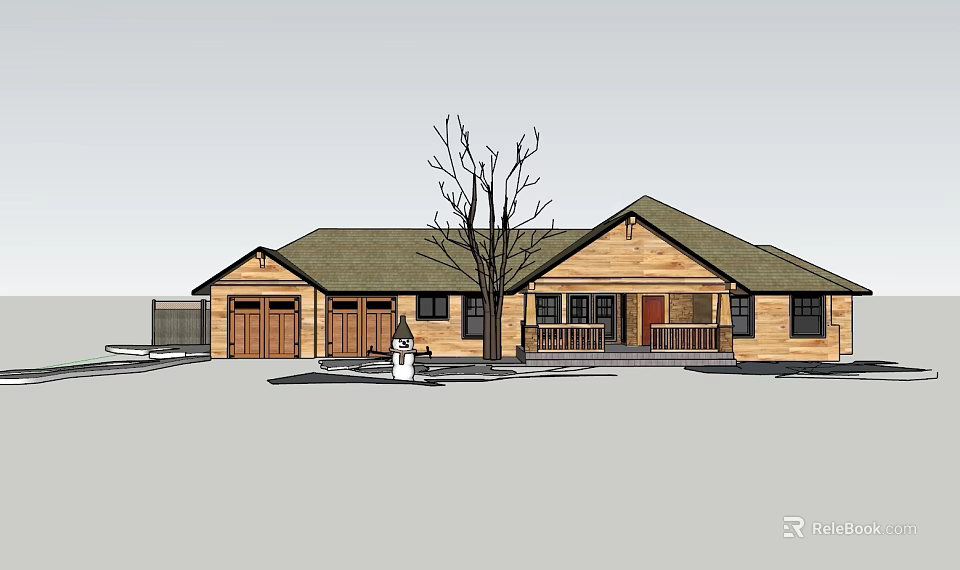Wooden House Exterior with Green Roof Two Garage Doors Front Porch and Bare Tree 3d model 