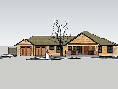 Wooden House Exterior with Green Roof Two Garage Doors Front Porch and Bare Tree 3d model