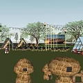 Scenic Camping Site with Dome Tents Wooden Deck and Outdoor Dining Area