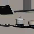 Stylish Kitchen Appliances Including Black Silver Range Hoods Gas Stoves With Blue Flames And Pots