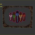 Five Decorative Knives Hung On Brick Wall With Metallic Blades And Red Gold Handles