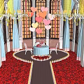 Elegant Banquet Hall Interior With Heart Shaped Balloons Colorful Curtains Chandeliers Red Carpet Arched Windows