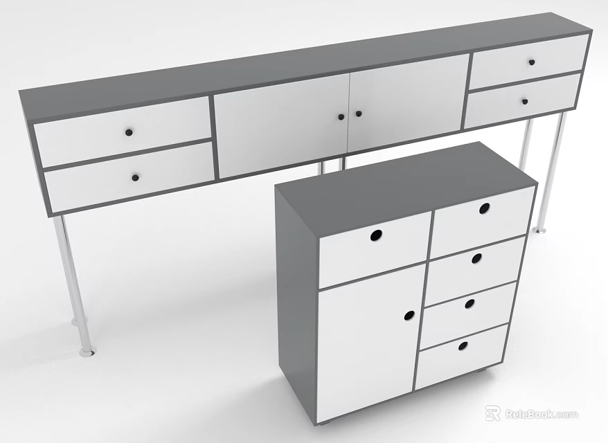 Modern Gray White Storage Furniture Set With Drawers Cabinets And Metal Legs 3d model 
