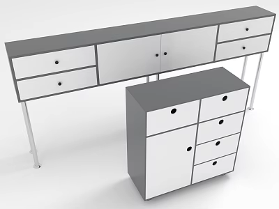 Modern Gray White Storage Furniture Set With Drawers Cabinets And Metal Legs 3d model