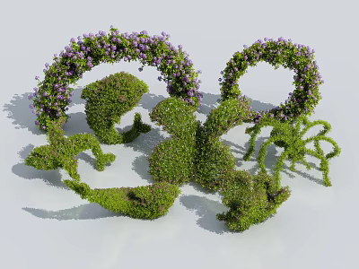 Green Trimmed Bushes with Circular Wreaths Purple Small Flowers and Abstract Shaped Designs 3d model