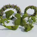 Green Trimmed Bushes with Circular Wreaths Purple Small Flowers and Abstract Shaped Designs