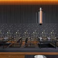 Minimalist Modern Restaurant with Dark Wooden Walls Hanging Glass Lantern Lights Black Tables and Ceramic Bowls