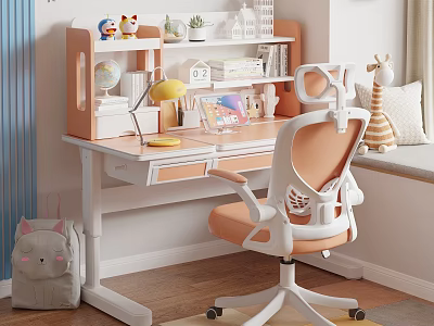 Children's Study Desk For Kids With Comfortable Chair Shelf And Cartoon Decorations 3d model