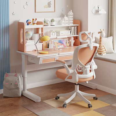 Children's Study Desk For Kids With Comfortable Chair Shelf And Cartoon Decorations 3d model