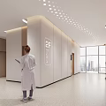 Hospital Outpatient Corridor Scene With Medical Staff 2F Sign Wooden Walls And Ceiling Lights