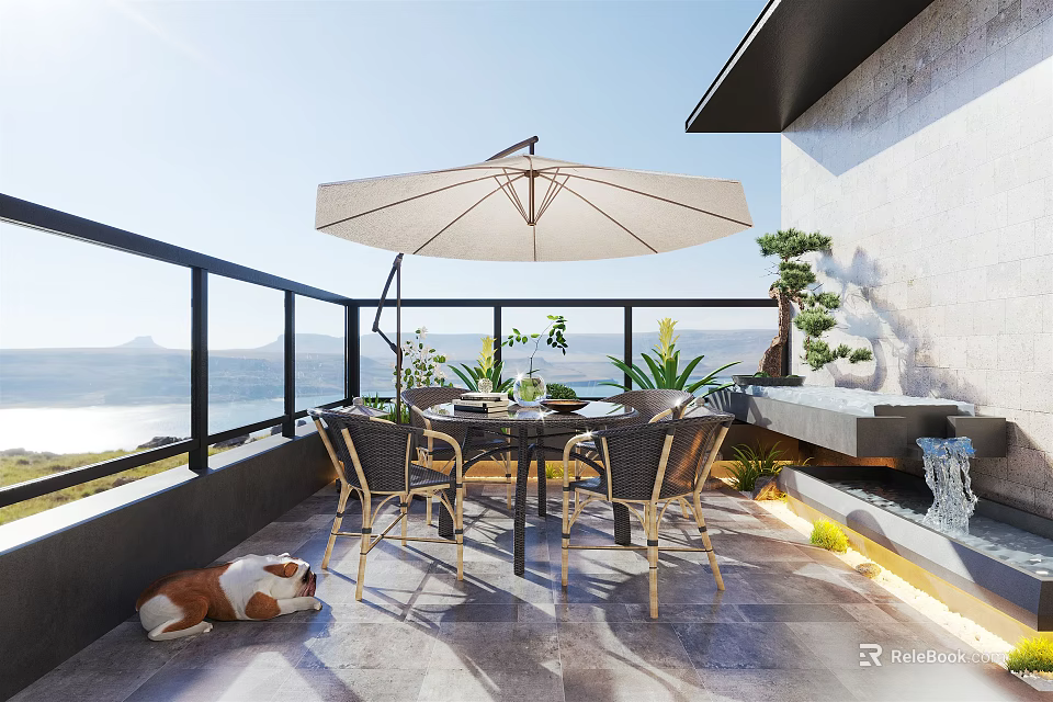 Cozy Home Balcony with Outdoor Dining Table Chairs Sunshade Umbrella Plants Dog and Sea View 3d model 
