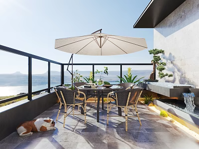 Cozy Home Balcony with Outdoor Dining Table Chairs Sunshade Umbrella Plants Dog and Sea View 3d model