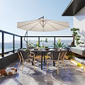 Cozy Home Balcony with Outdoor Dining Table Chairs Sunshade Umbrella Plants Dog and Sea View